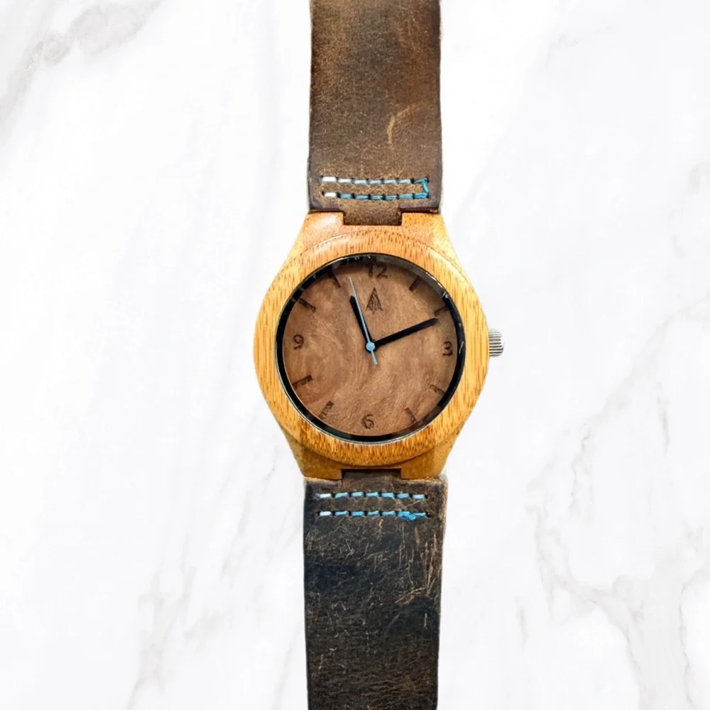 Treehut Women’s Bamboo Wooden Watch | Distressed Leather‎ w/ Blue Stitching